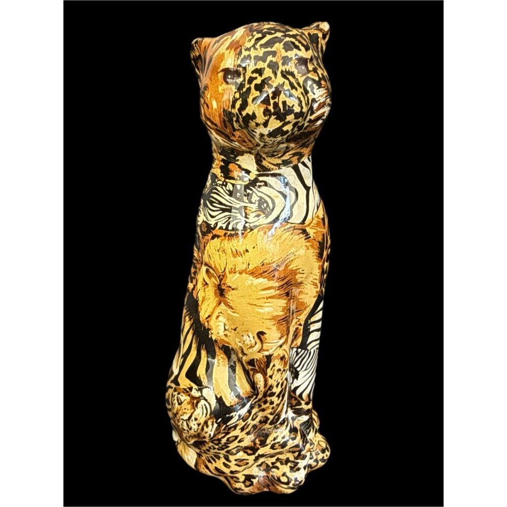 La Vie 8.5” Tall Glazed Patchwork Cheetah Cat Animal Figurine African Safari Vin
